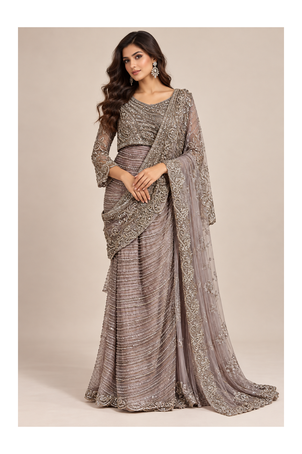 Taupe Grey Embellished Pre-Draped Saree Set