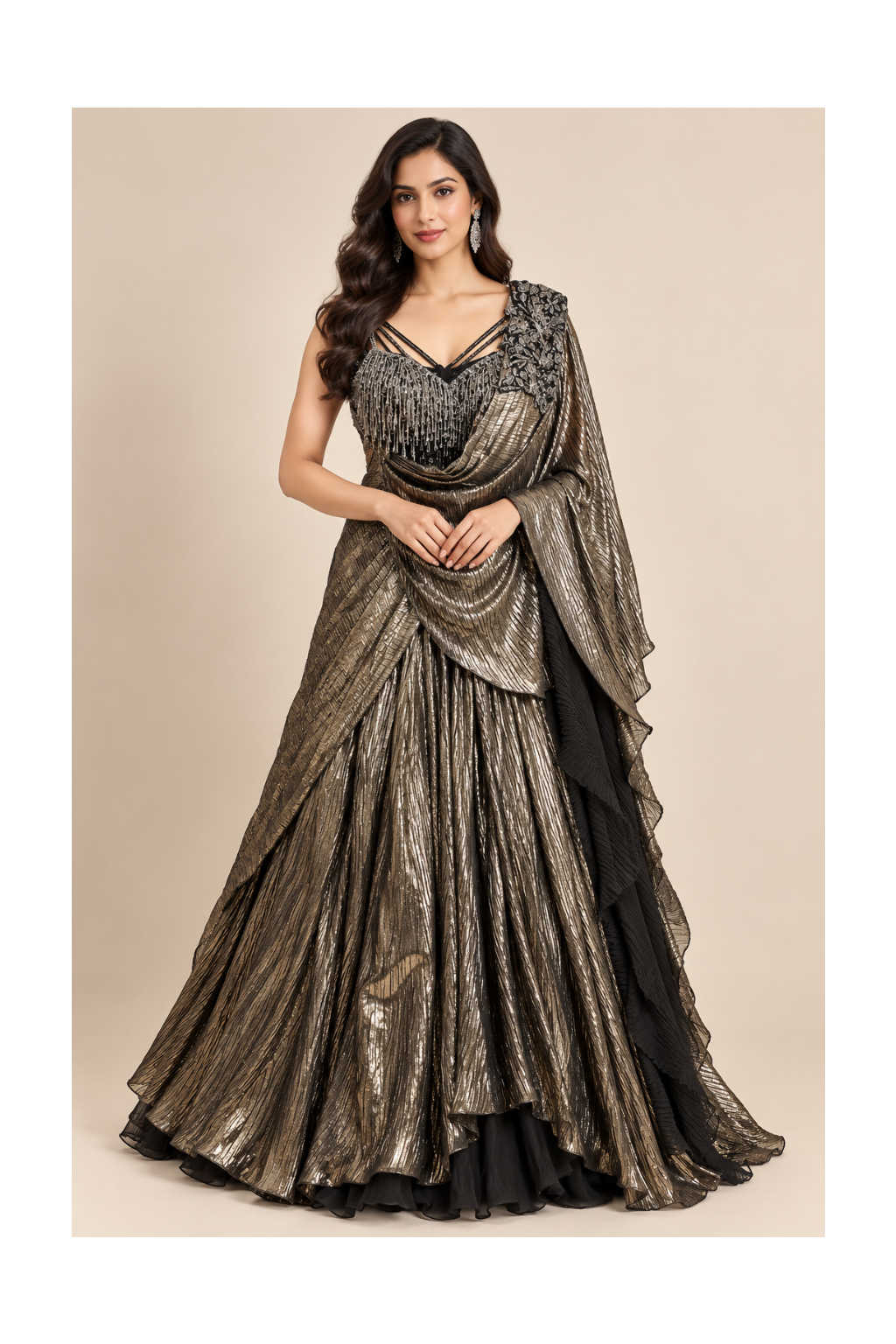 Metallic Bronze Pre-Draped Saree Gown Set