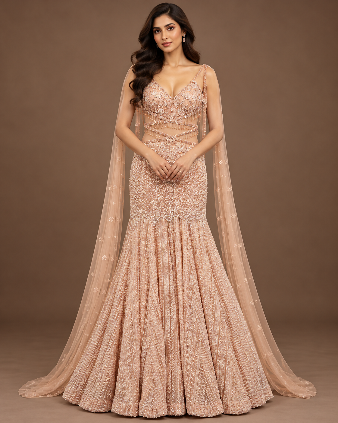 Peach Nude Embellished Cape Mermaid Gown
