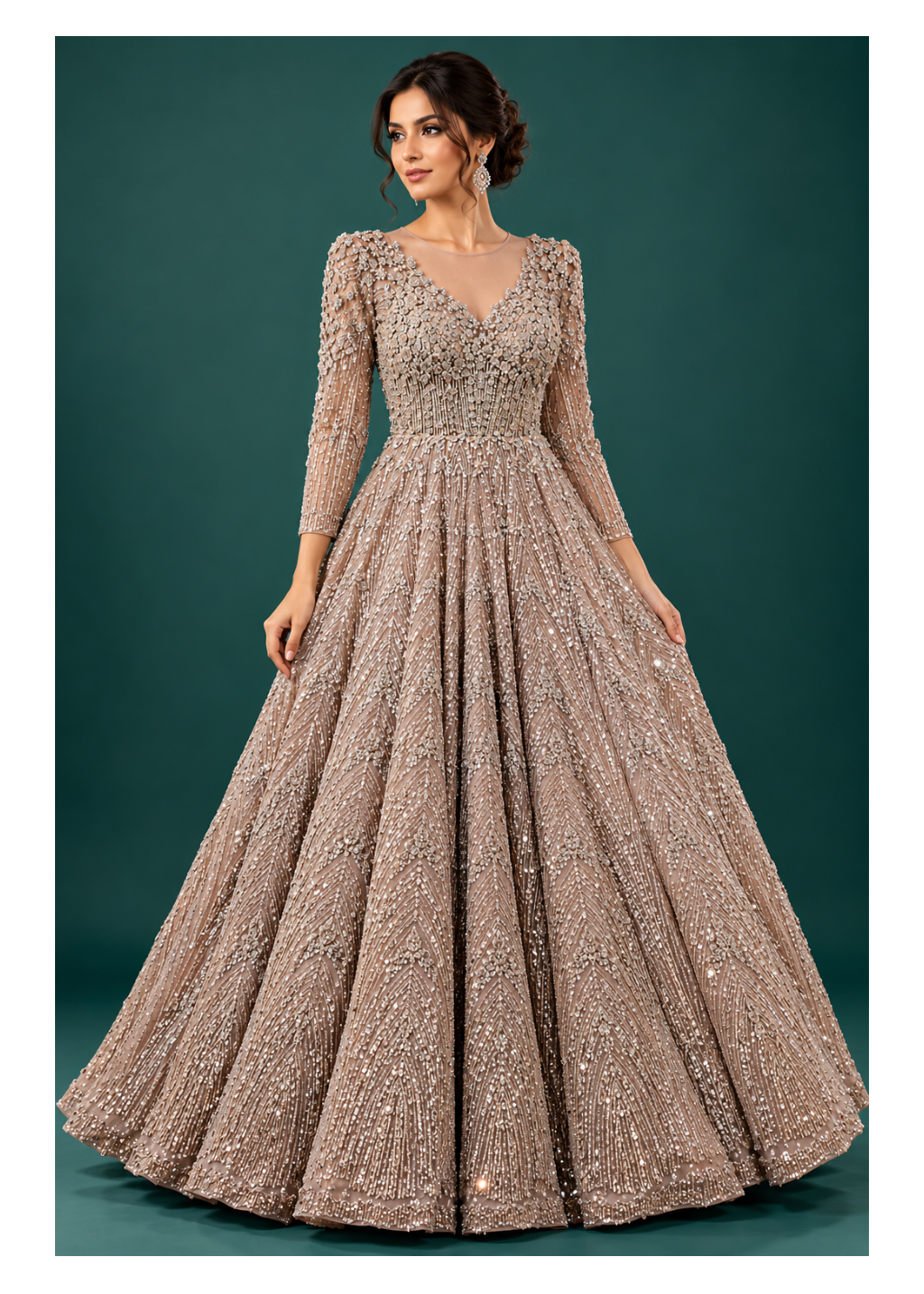Muted Taupe Chevron Embellished Ballgown Gown