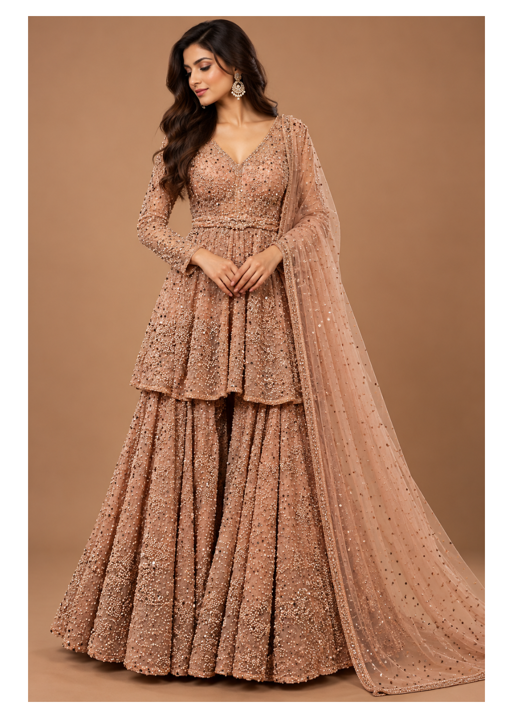 Blush Nude Embellished Peplum Sharara Set