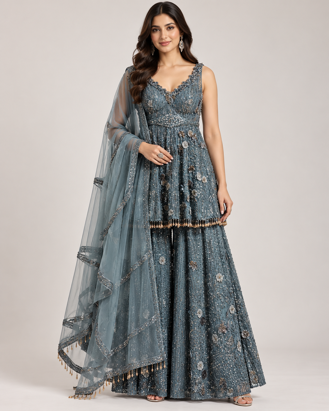Steel Blue Embellished Peplum Sharara Set