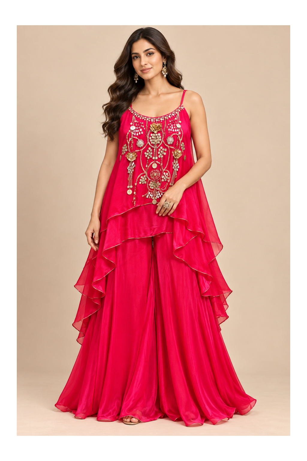Rani Pink Embellished Tiered Tunic & Sharara Set