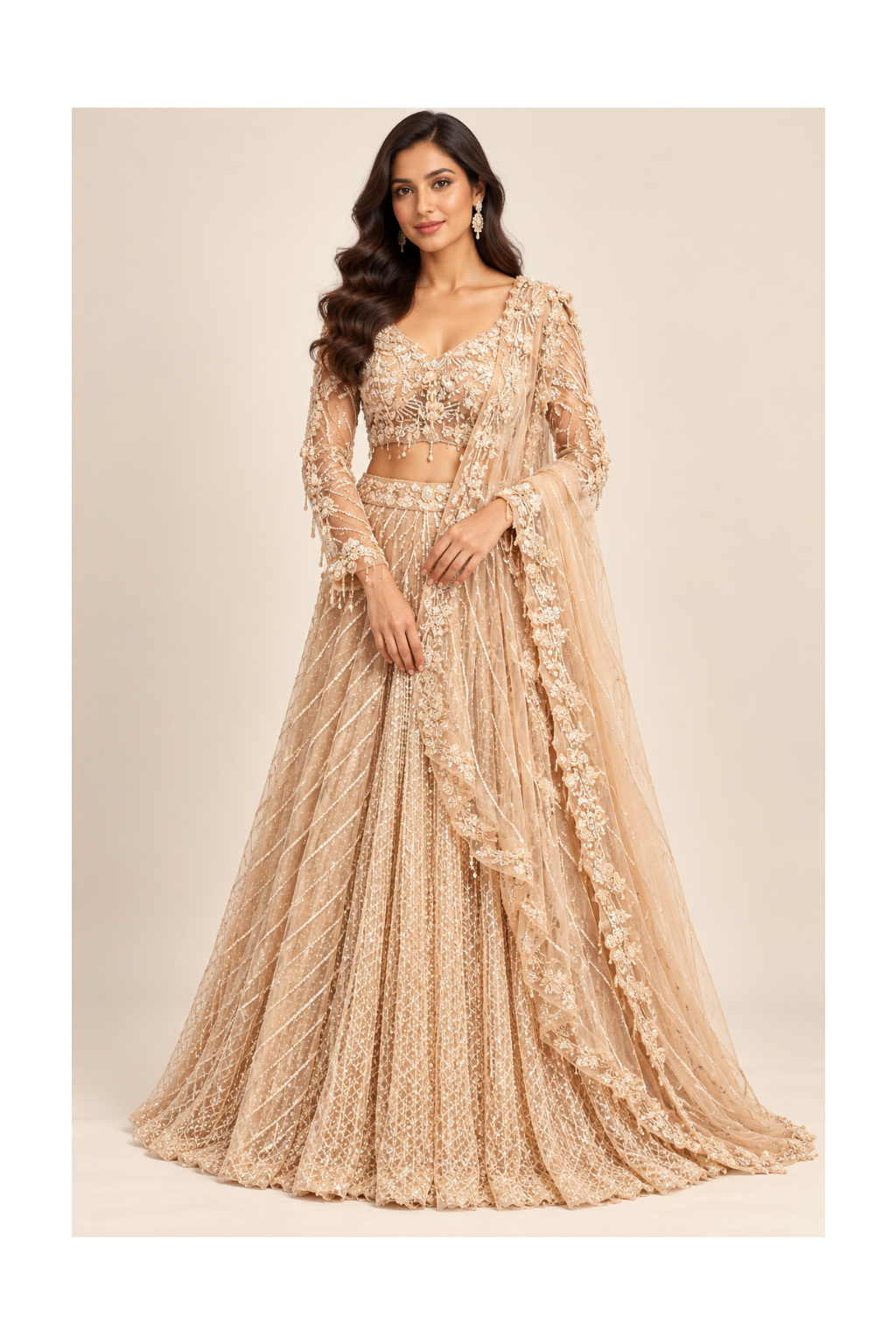 Champagne-Nude Embellished Lehenga, Illusion Choli & Dupatta Set Main image