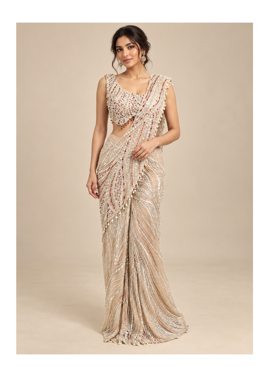 Champagne Sequin Crop Top Draped Saree Main image
