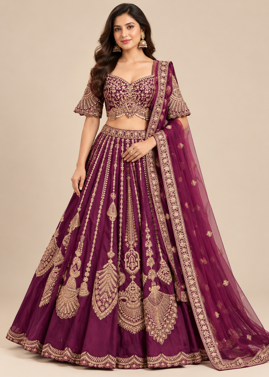 Plum Purple Embroidered Silk Bridal Lehenga