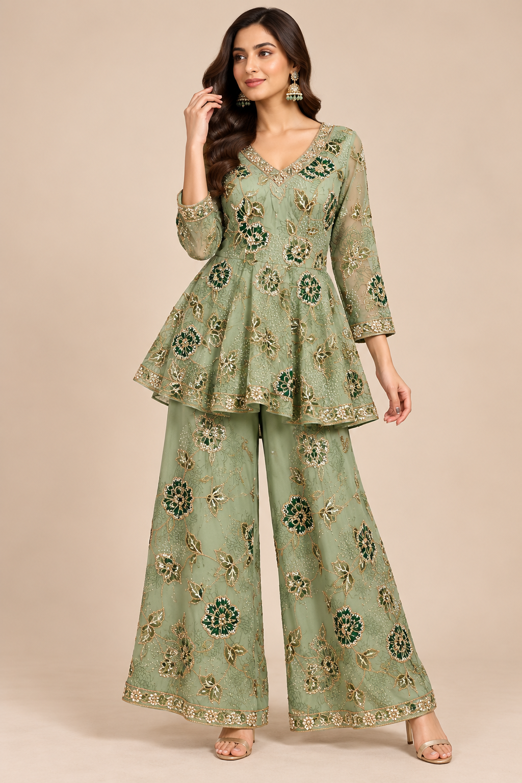 Sage Green Embroidered Net Peplum Kurti & Flared Palazzo Pant Set Main image