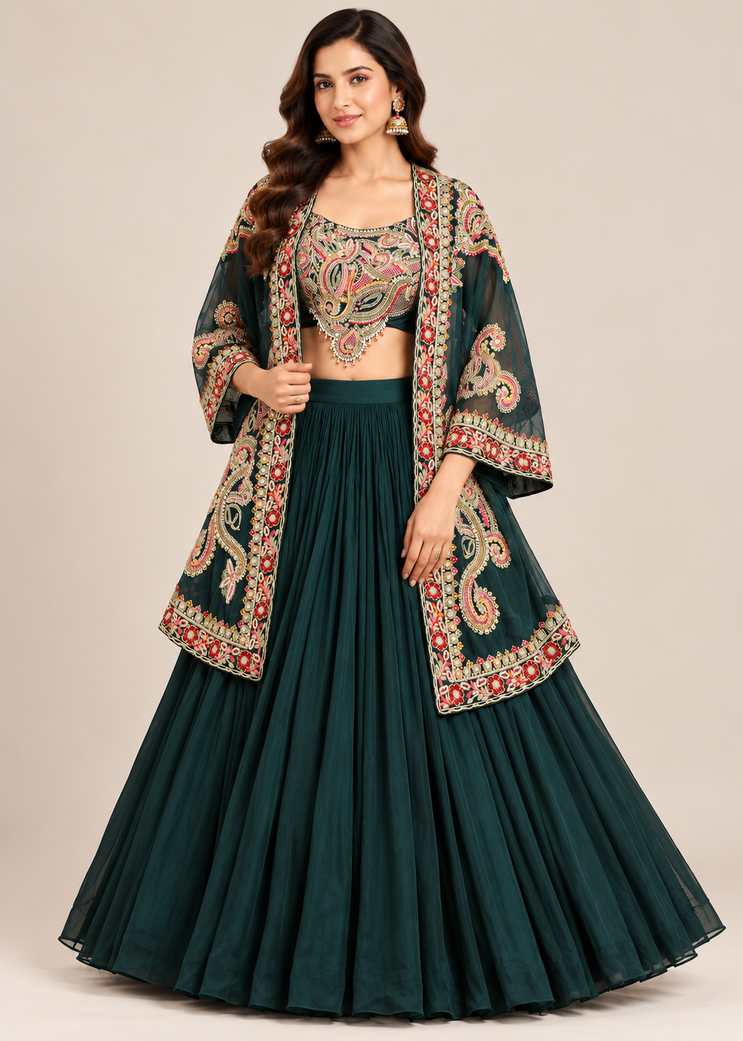 Emerald Green Embroidered Cape Lehenga Set Main image