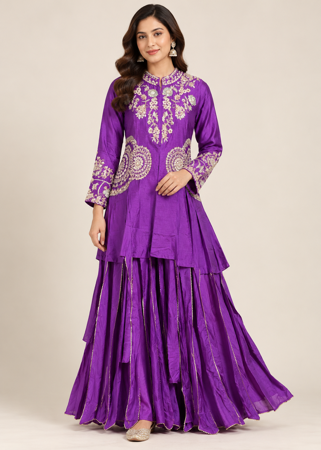 Purple Embroidered Flared Silk Sharara Set