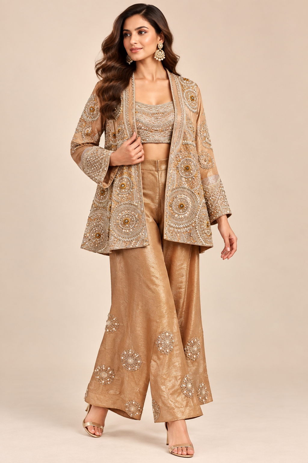 Champagne Gold Tissue Silk Palazzo Set with Hand-Embellished Bustier & Jacket Main image