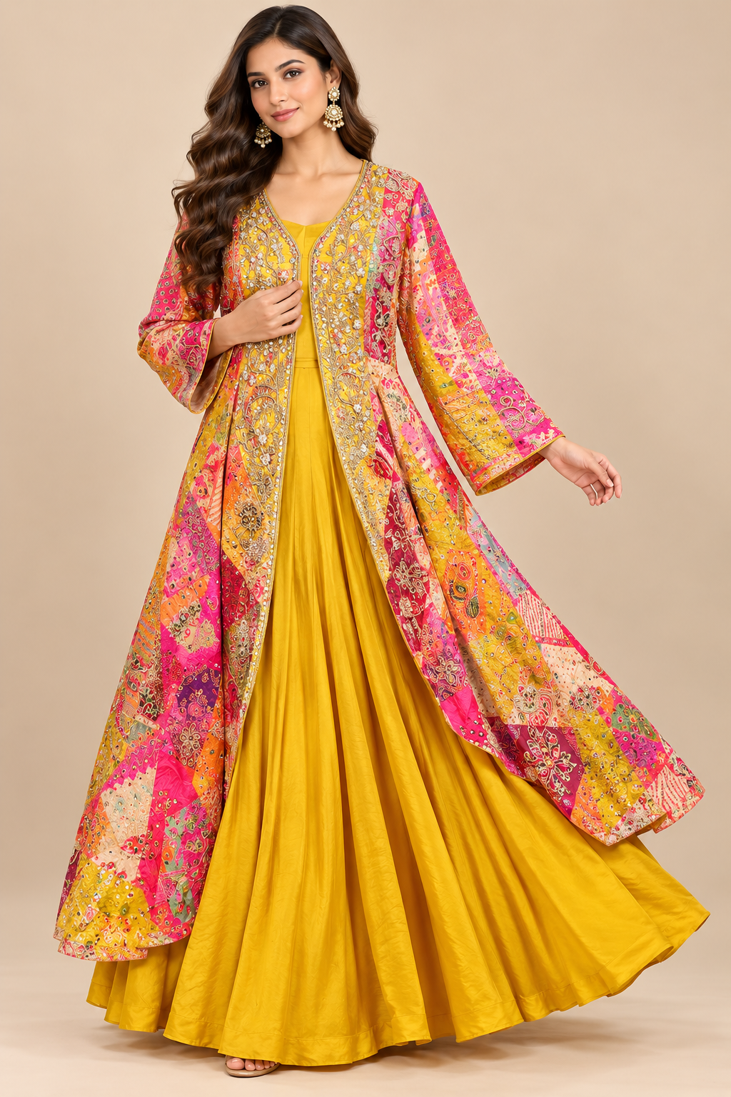 Mustard Yellow Silk Flared Anarkali Gown with Multicolor Patchwork Hand-Embroidered Longline Jacket