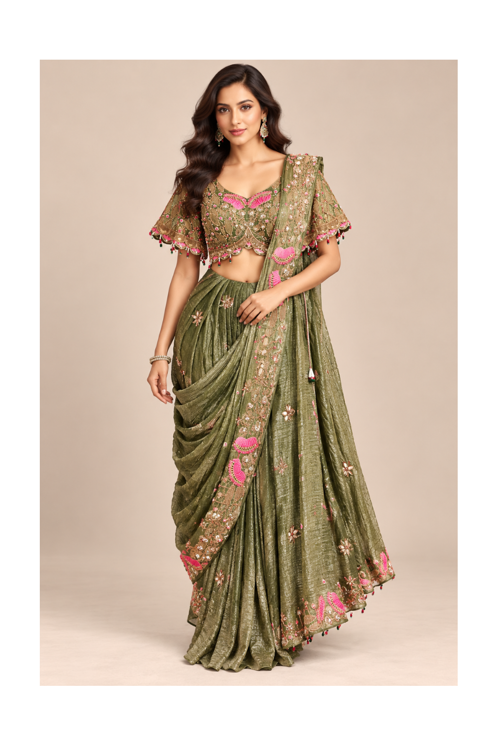 Olive Green Metallic Embroidered Blouse & Pre-Draped Saree Set Main image