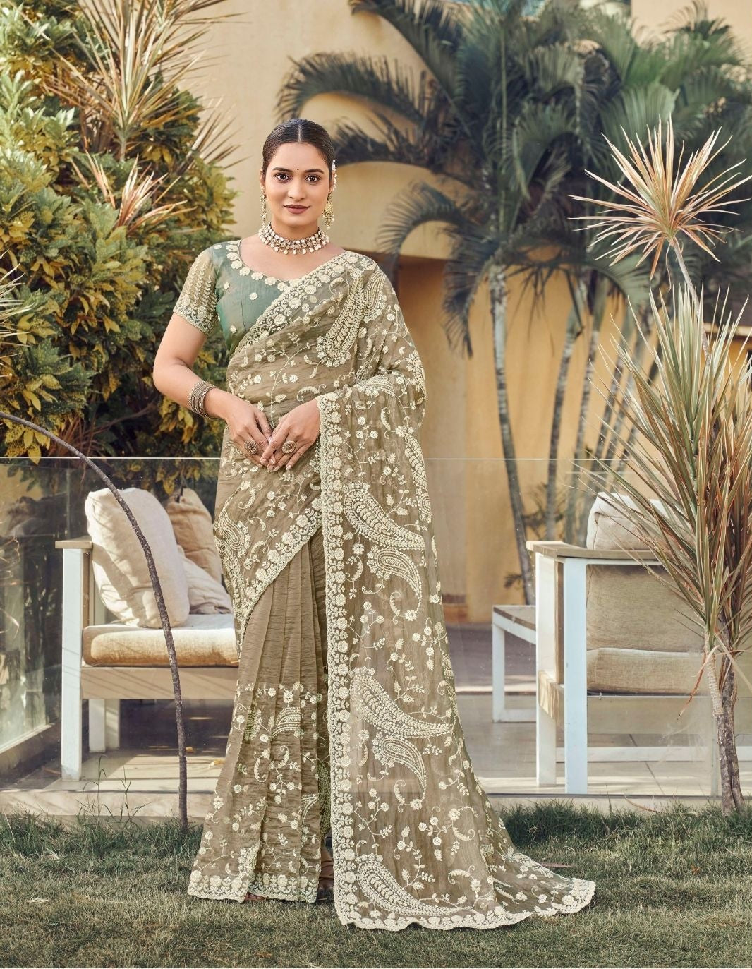 Ethereal Sage Embroidered Net Saree Main image