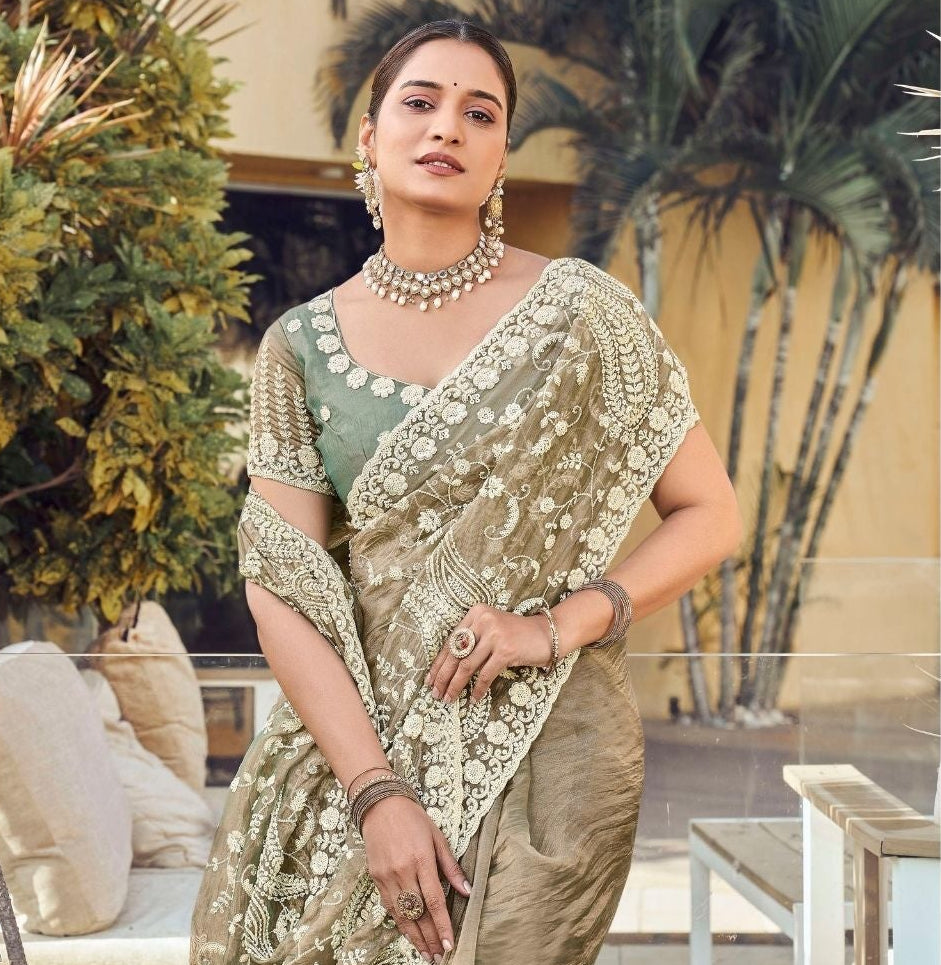 Ethereal Sage Embroidered Net Saree