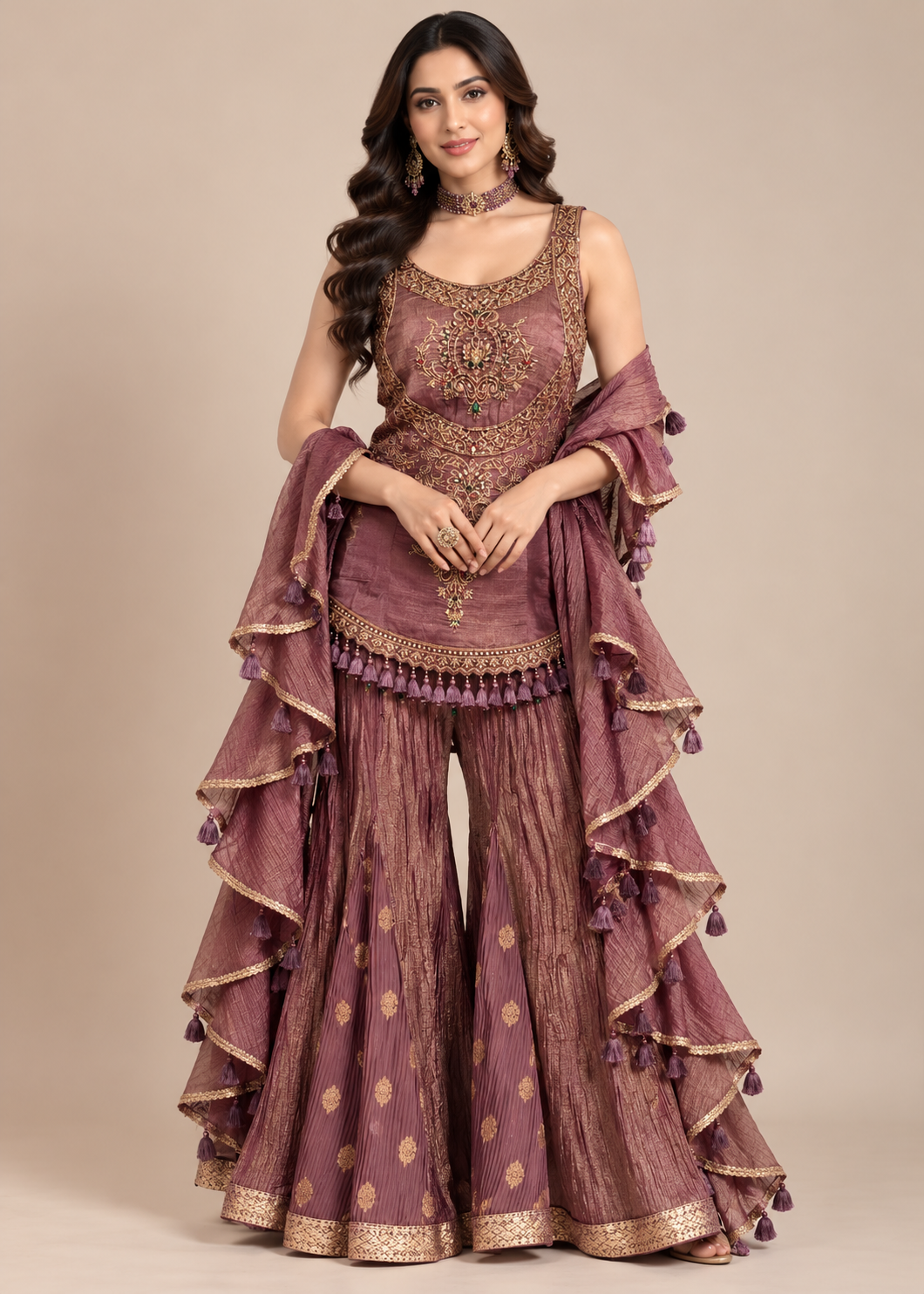 Mauve-Plum Embroidered Short Kurti, Crushed Sharara & Ruffled Dupatta Set Main image
