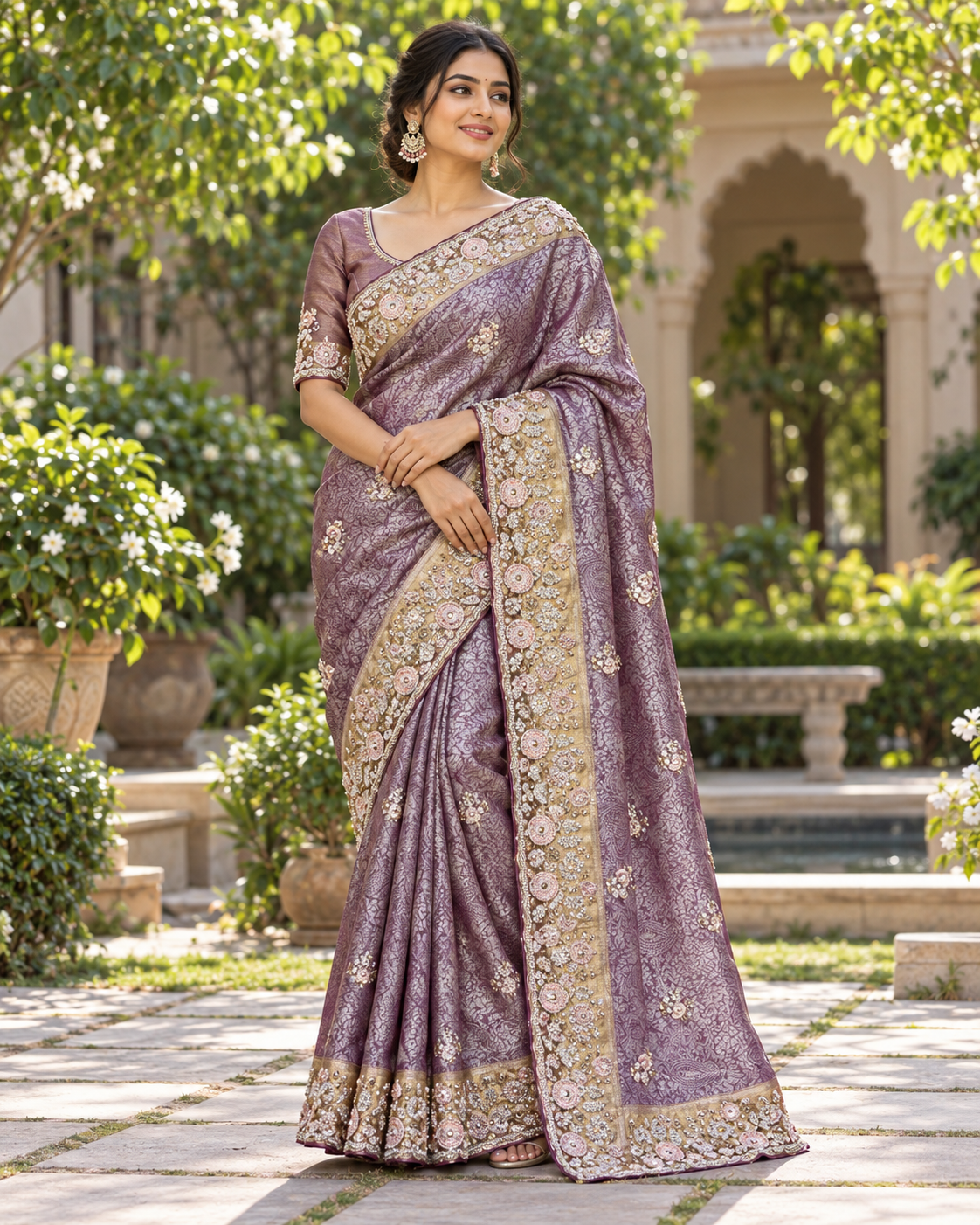 Mauve Jacquard Saree With Floral Border Main image