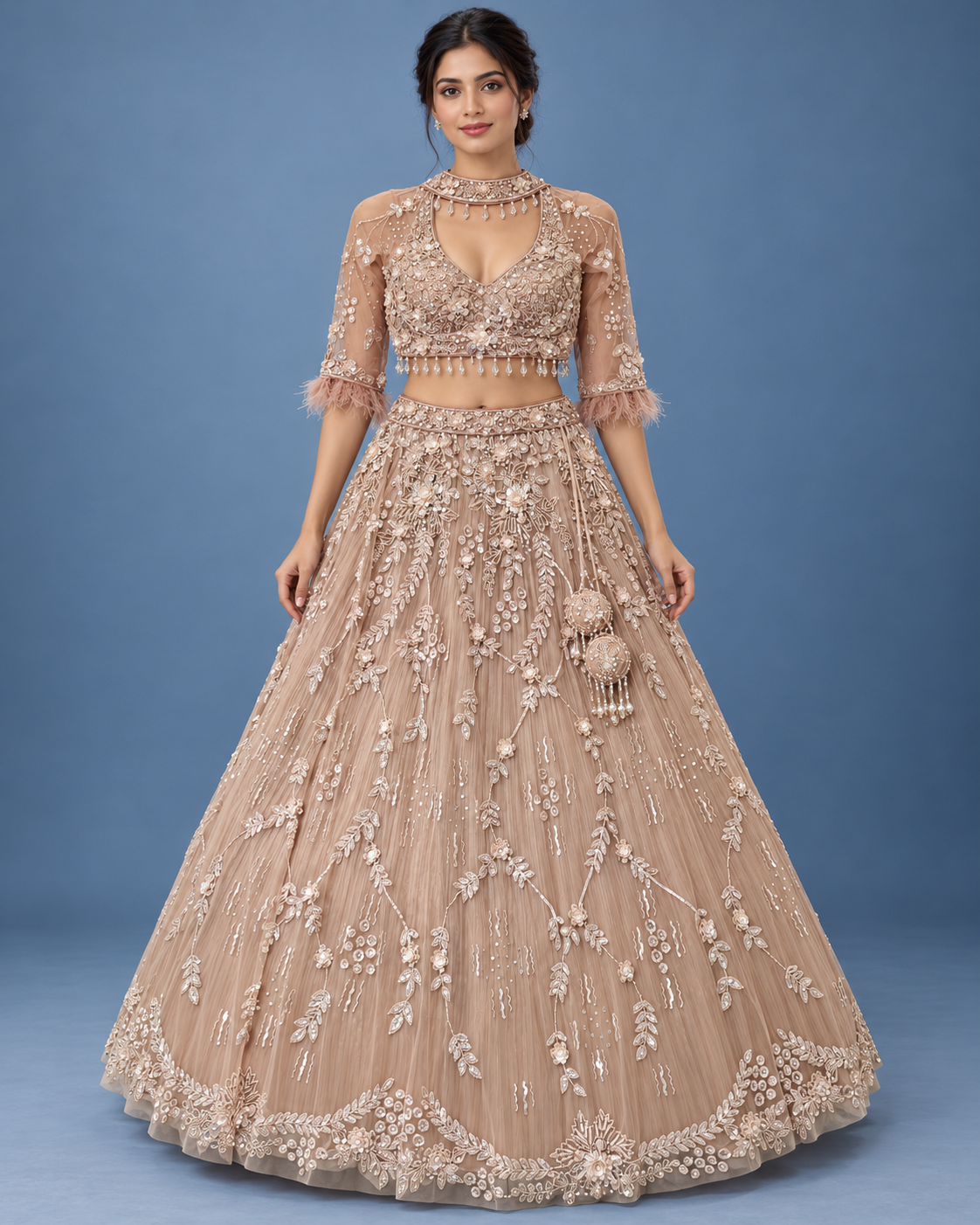 Blush Nude Feather Embellished Designer Lehenga