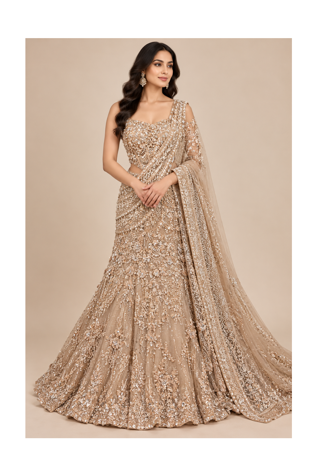 Champagne-Gold All-Over Crystal-Encrusted Mermaid Lehenga, Bustier Main image