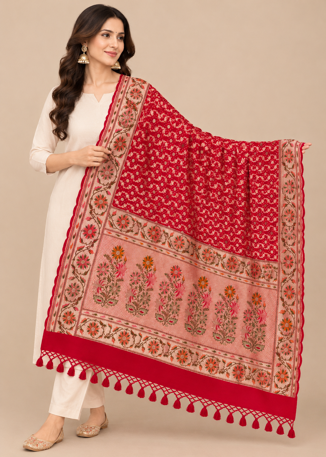 Red Patan Floral Silk Tasseled Dupatta