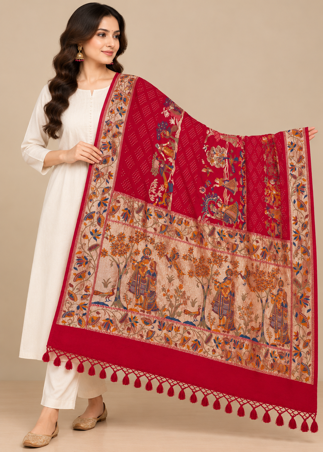 Maroon Radha Krishna Kalamkari Silk Dupatta Main image