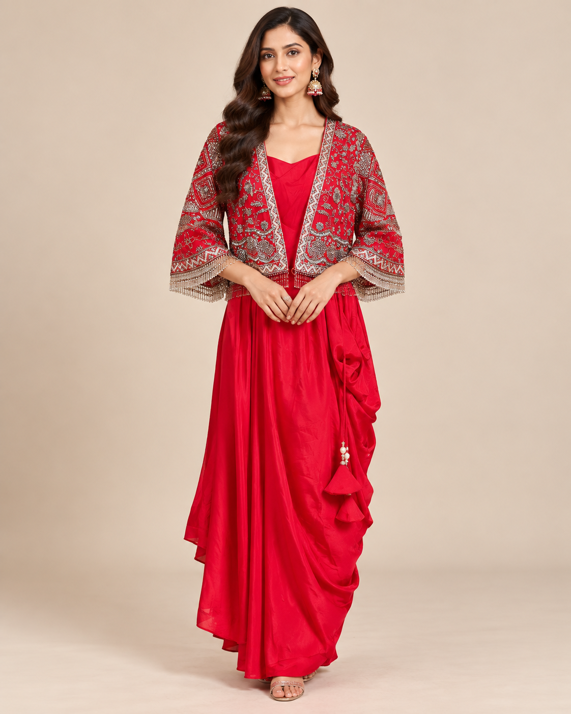 Crimson Red Embroidered Jacket Draped Dress Set Main image