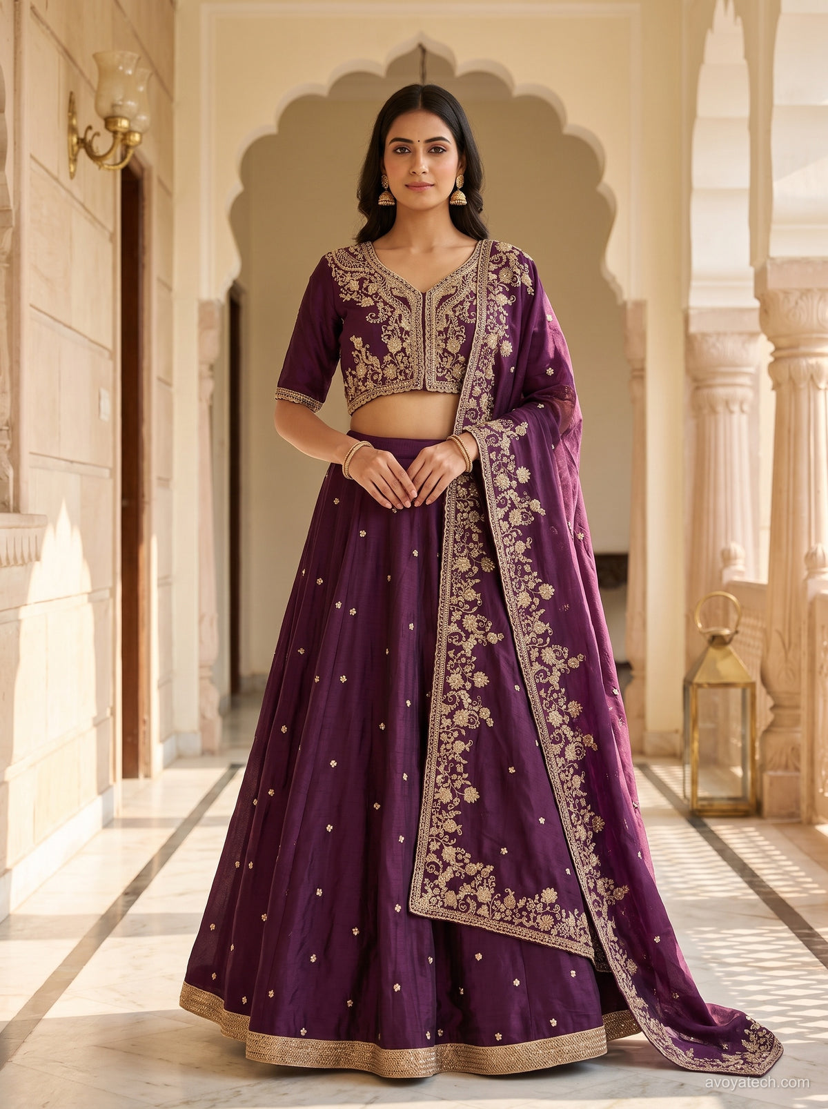 Royal Plum Embroidered Draped Saree Set