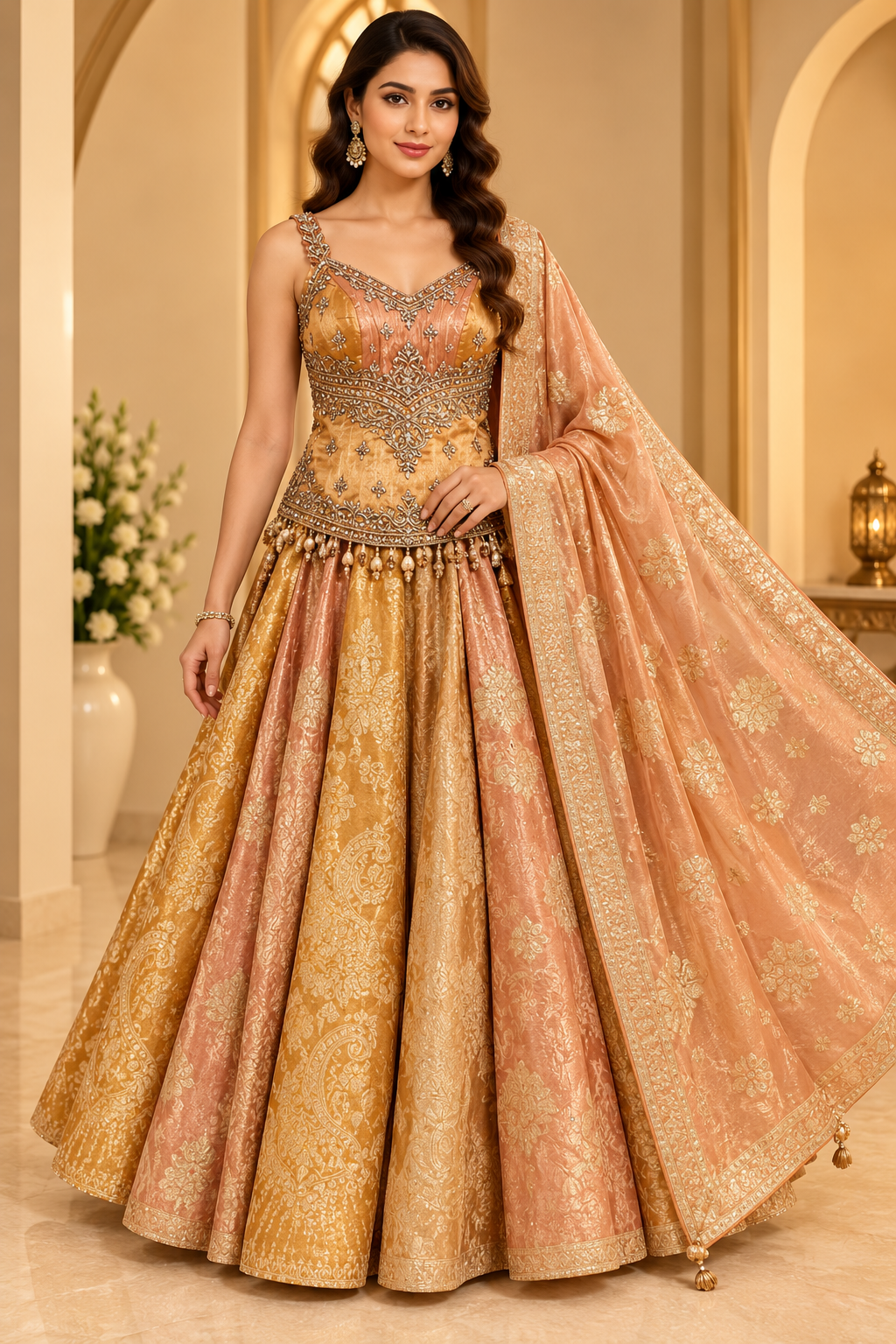 Sunset Ochre-Gold & Peach-Pink Dual-Tone Hand-Embroidered Corset Bustier, Brocade Panel Flared Skirt & Dupatta