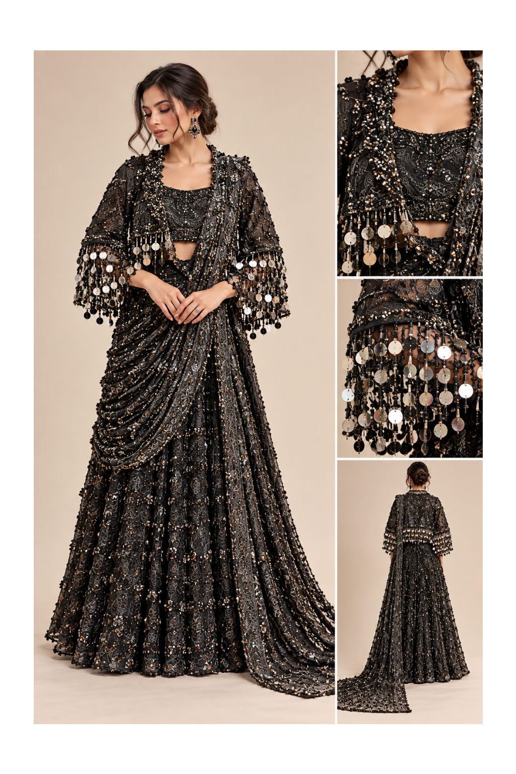 Black Sequined Pre-Draped Saree Jacket Set