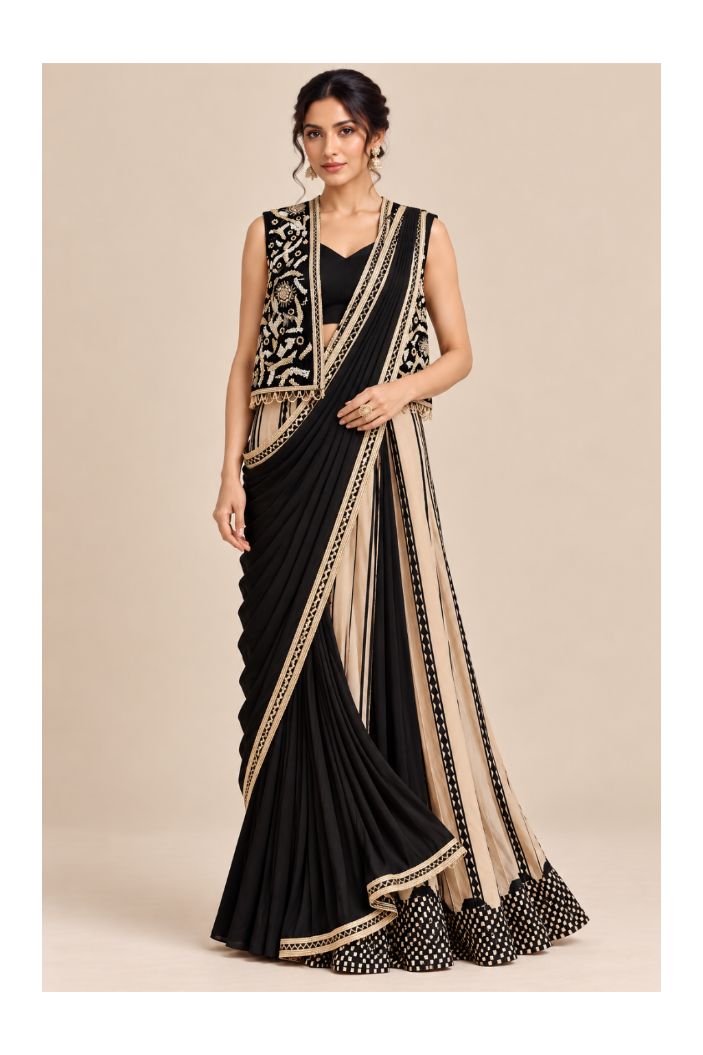 Black Embroidered Jacket Pre-Draped Saree Set