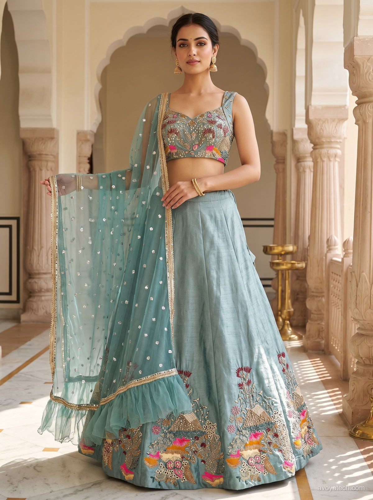 Seafoam Blue Scenic Embroidered Silk Lehenga Set Main image