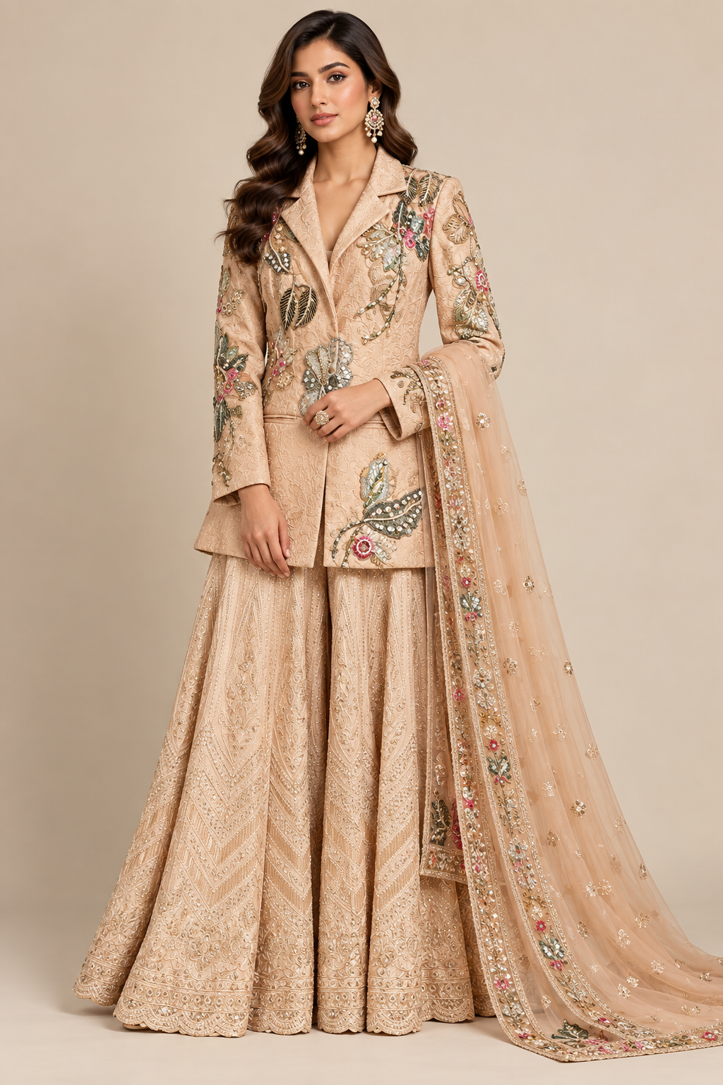 Beige Embroidered Blazer Sharara Set Main image