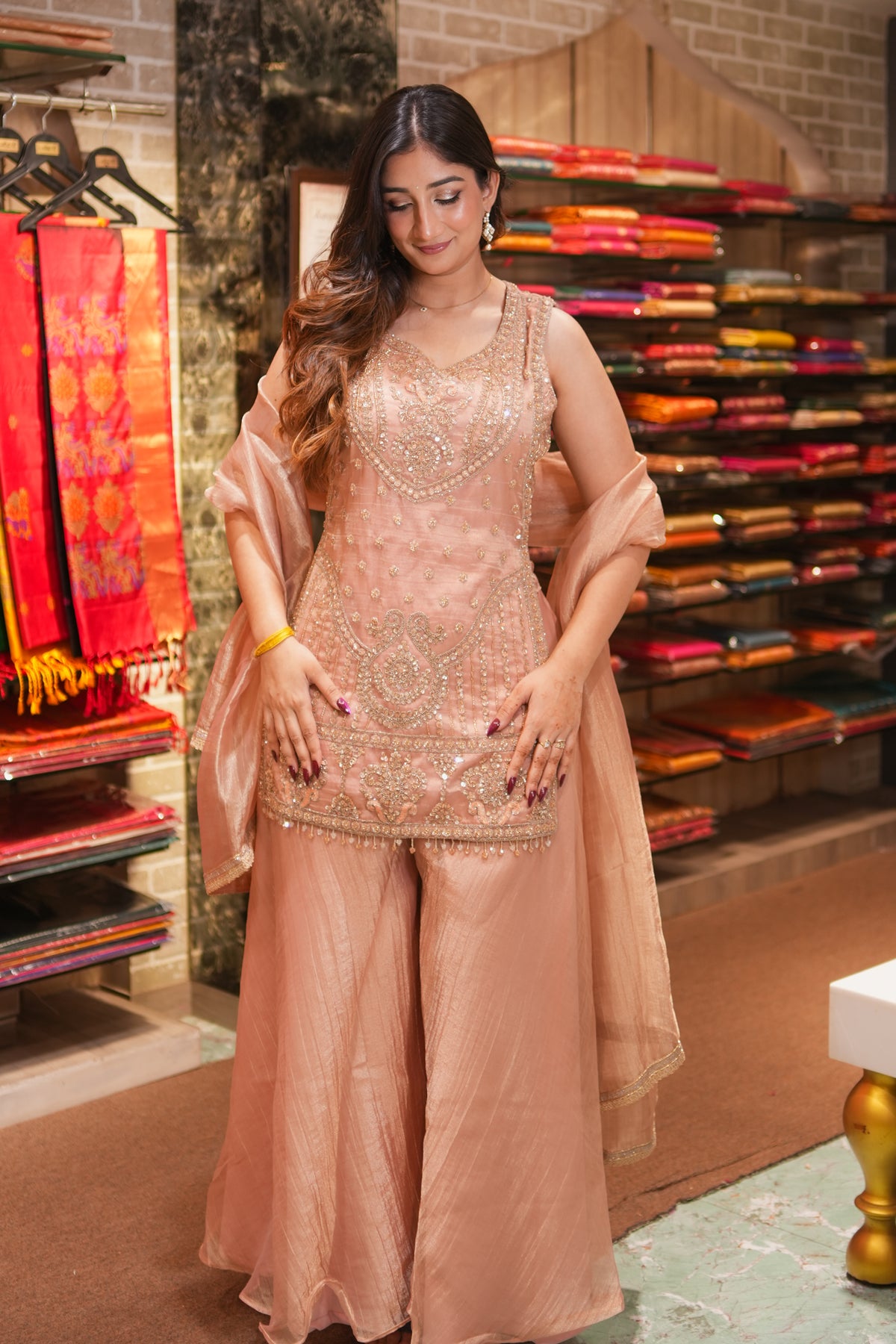 Peach Silk Embroidered Kurta Palazzo Set with Dupatta