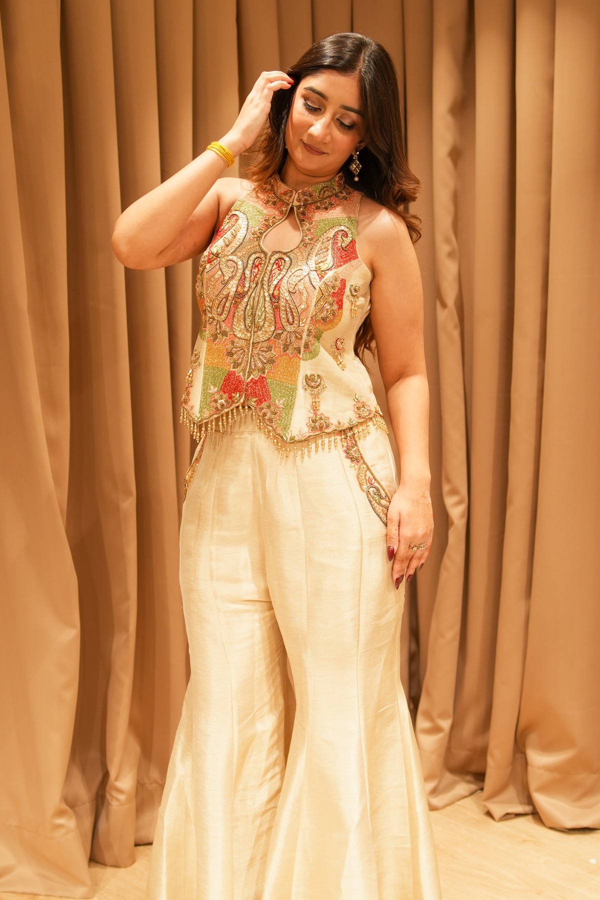 Cream Silk Embroidered Co-Ord Set with Designer Halter Neck