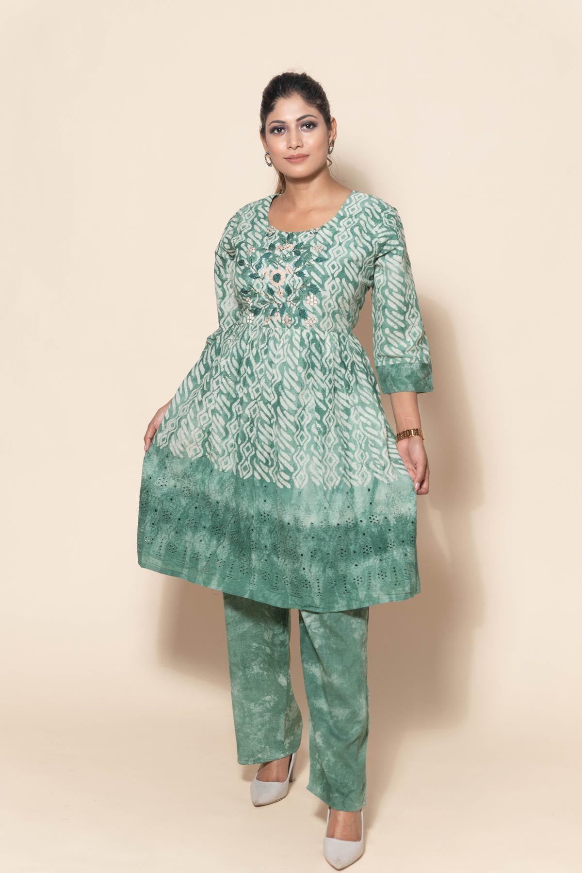 full front look of green cotton embroidery suit