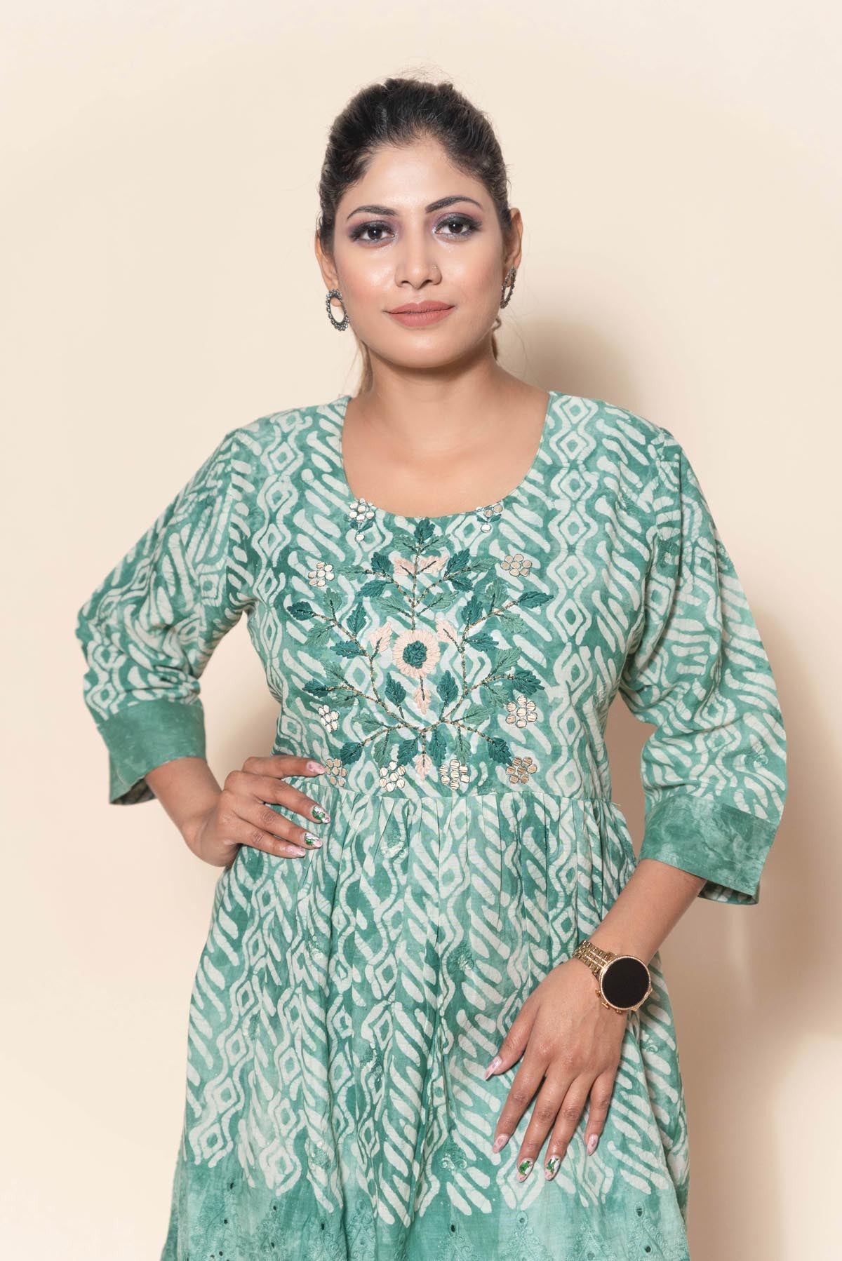 front close look of green cotton embroidery suit