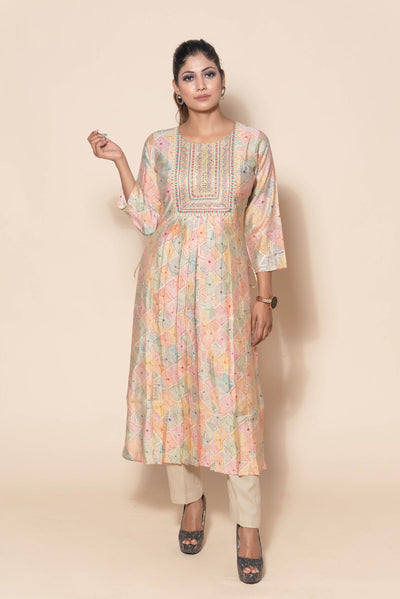 full front look of multicolor thread embroidery suit