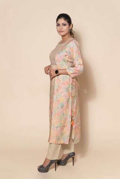 side look of multicolor thread embroidery suit