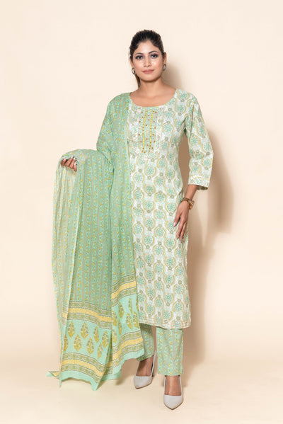 full front look of light green cotton suit