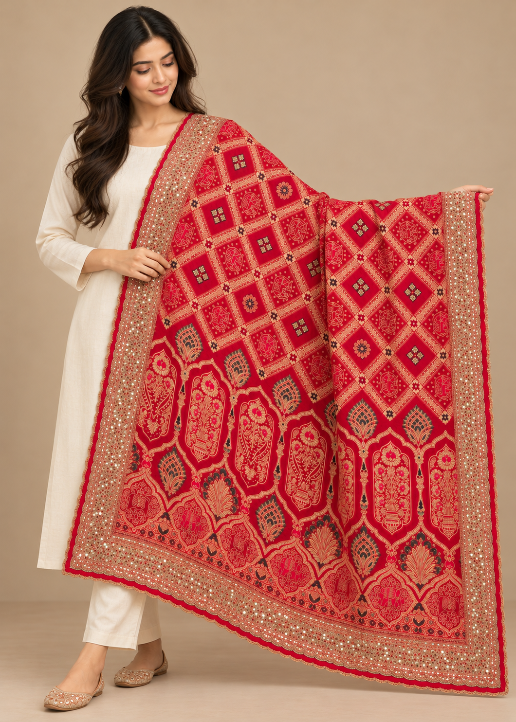 Red Patola Motif Embellished Silk Dupatta