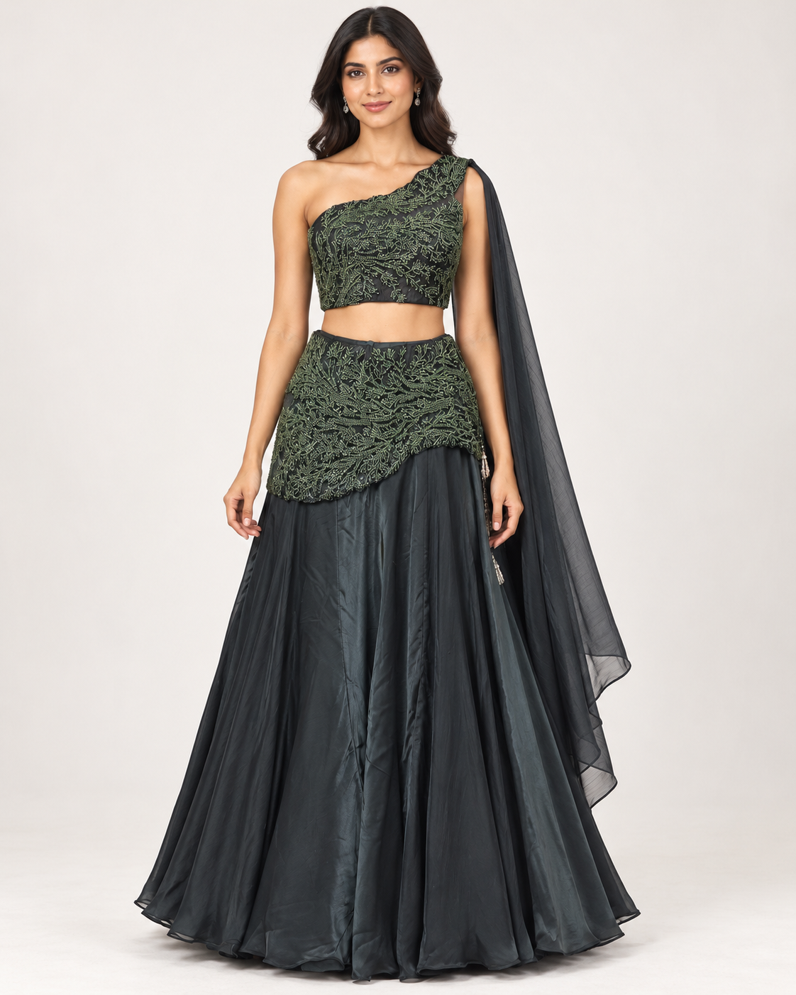 Dark Green Embellished One-Shoulder Indo-Western Lehenga Set Main image