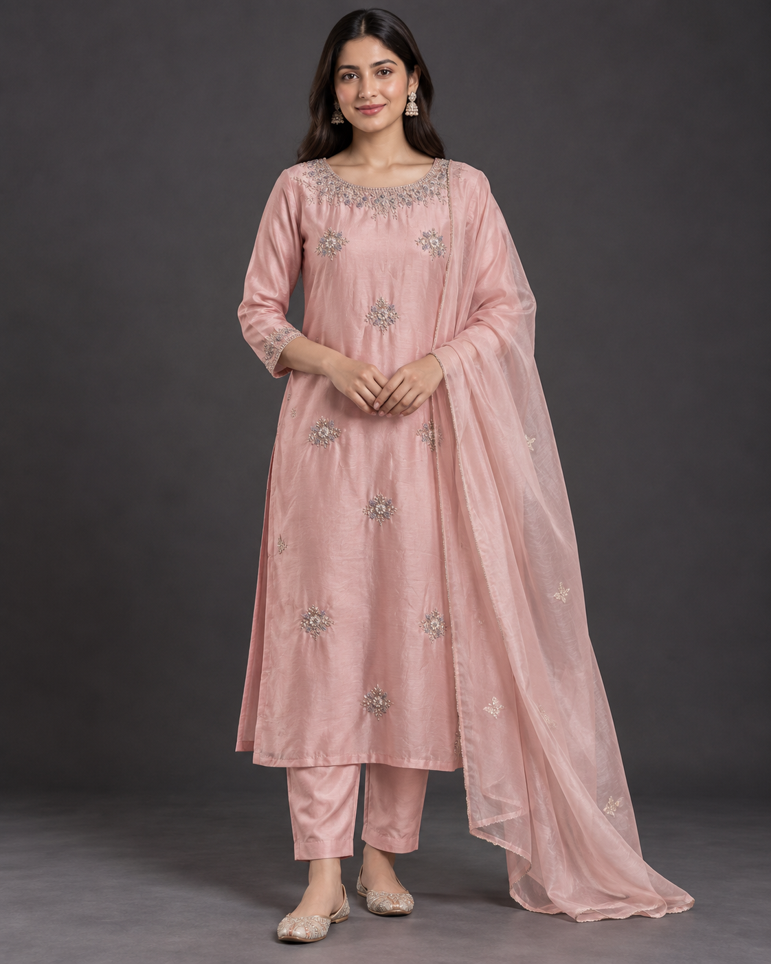 Pink Embroidered Kurti Pant Set with Dupatta