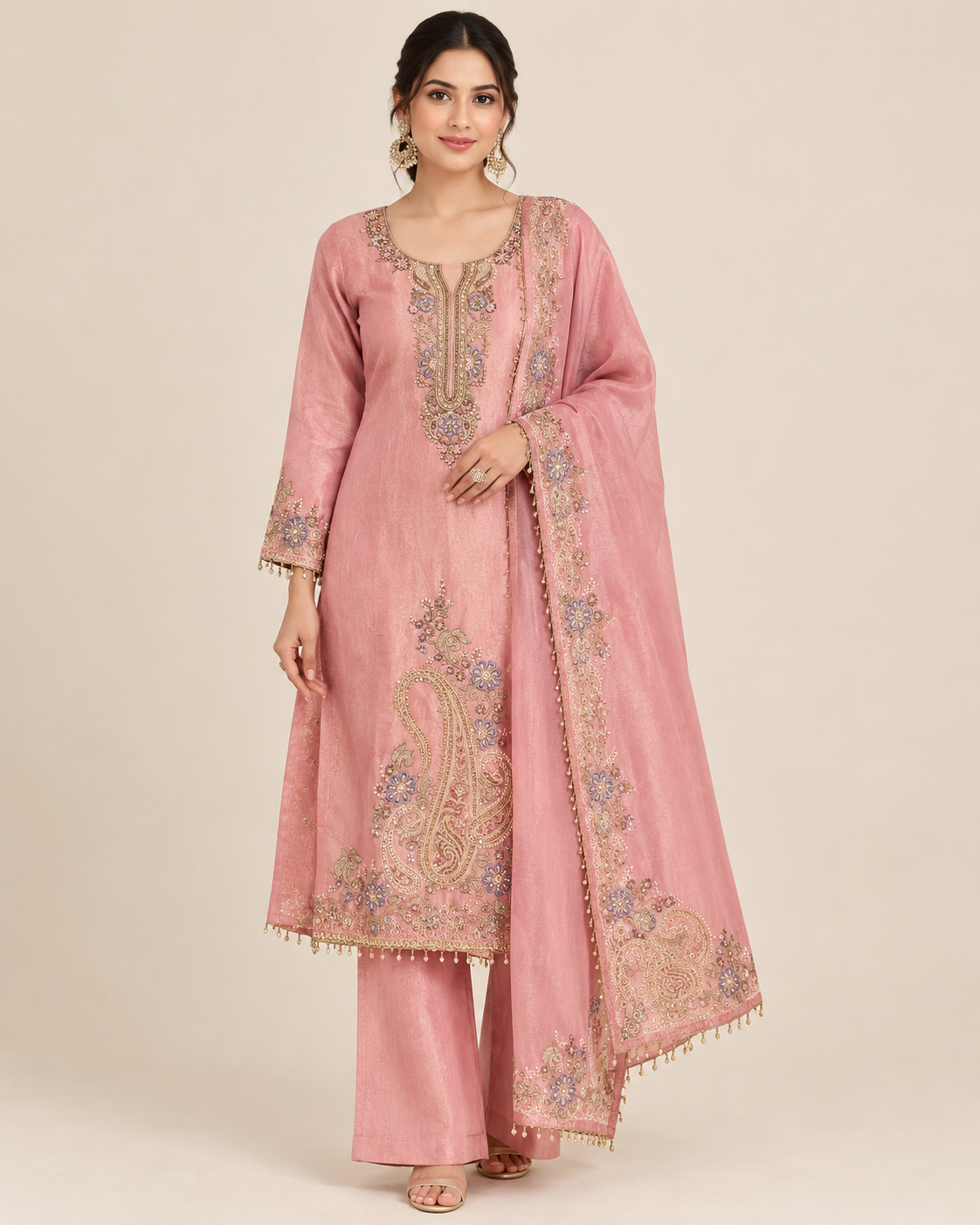 Elegant Dusty Pink Embroidered Palazzo Suit