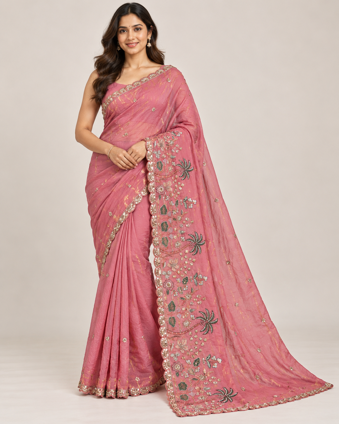 Dusty Rose Saree with Botanical Embroidery