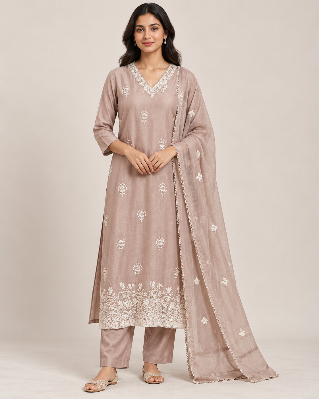 Dusty Pink Floral Embroidered Kurti Pant Set with Dupatta