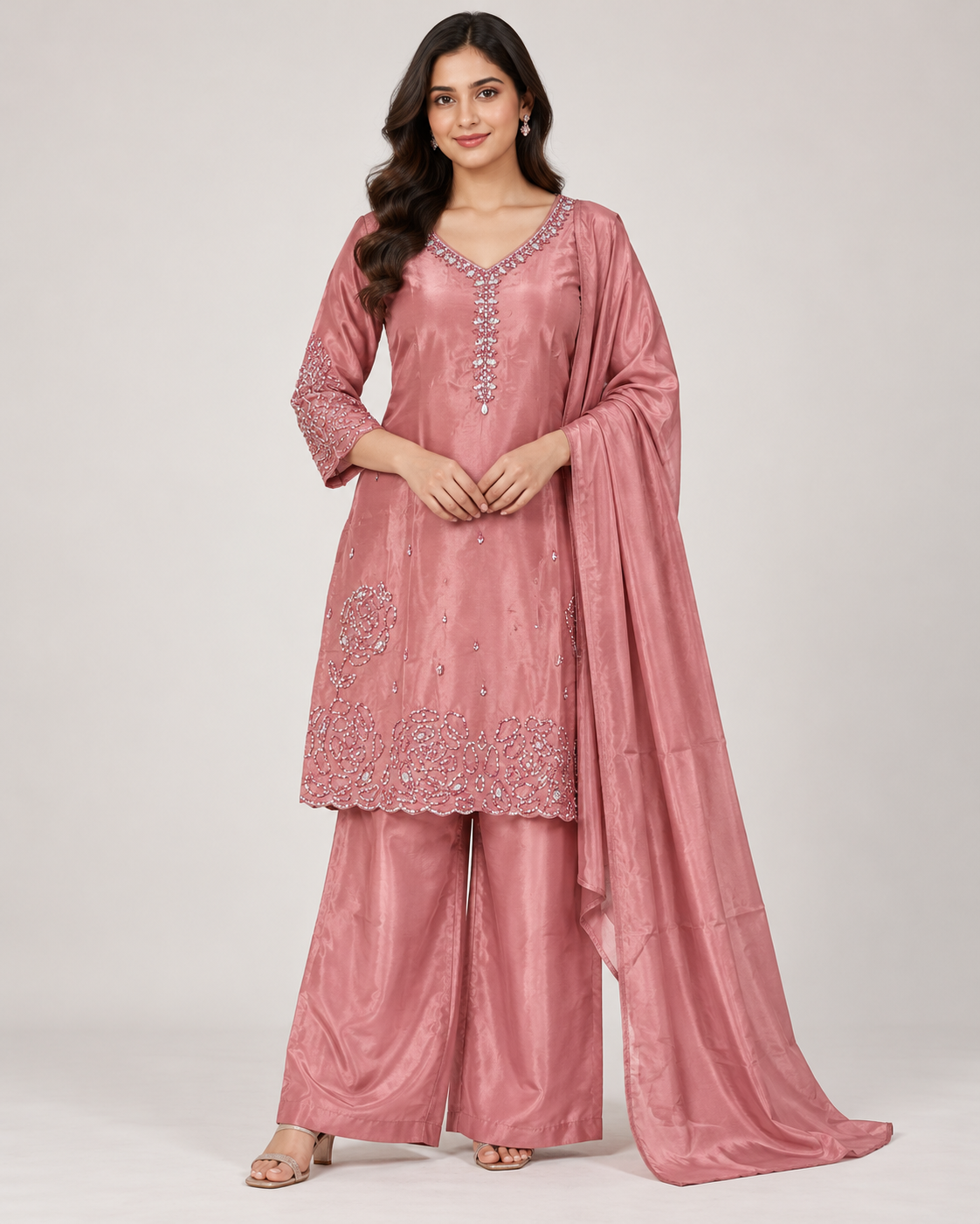 Dusty Rose Embellished Palazzo Suit with Floral Detailing Main image
