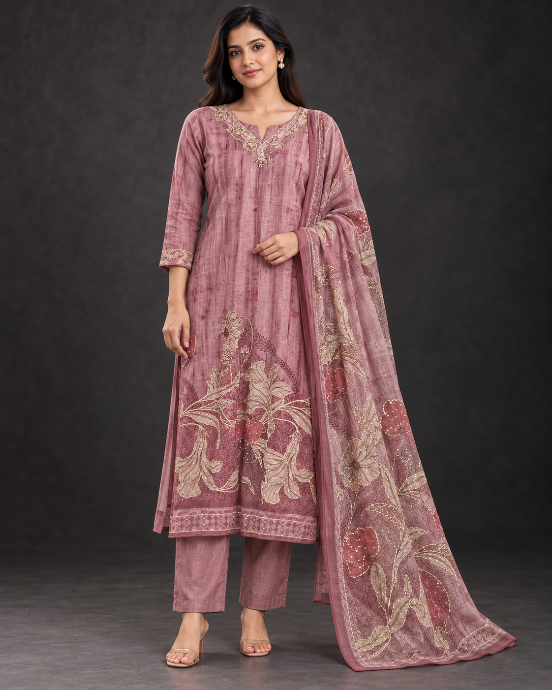 Pink Floral Printed Kurti Pant Set with Dupatta