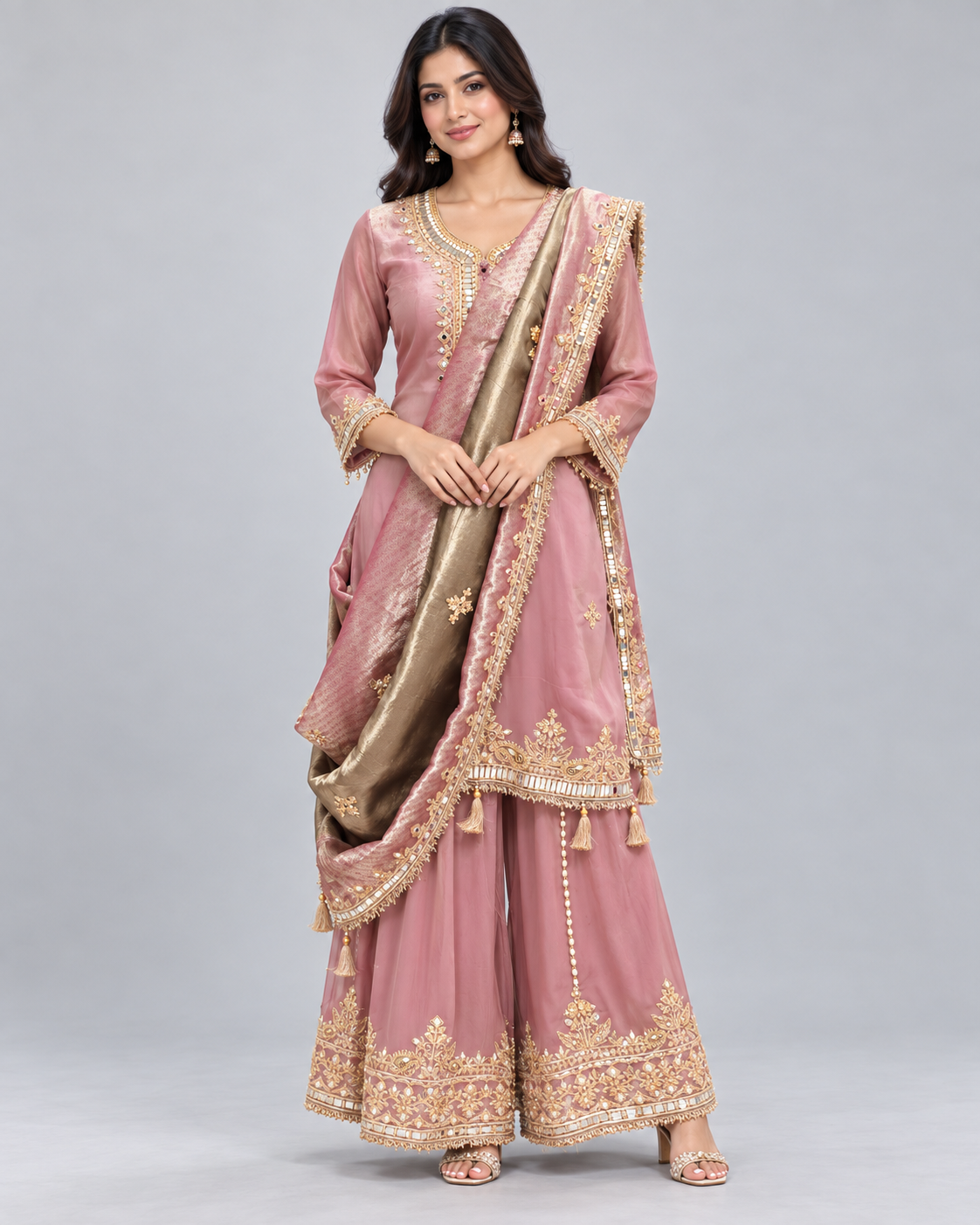 Brown Embroidered Palazzo Suit with Dupatta
