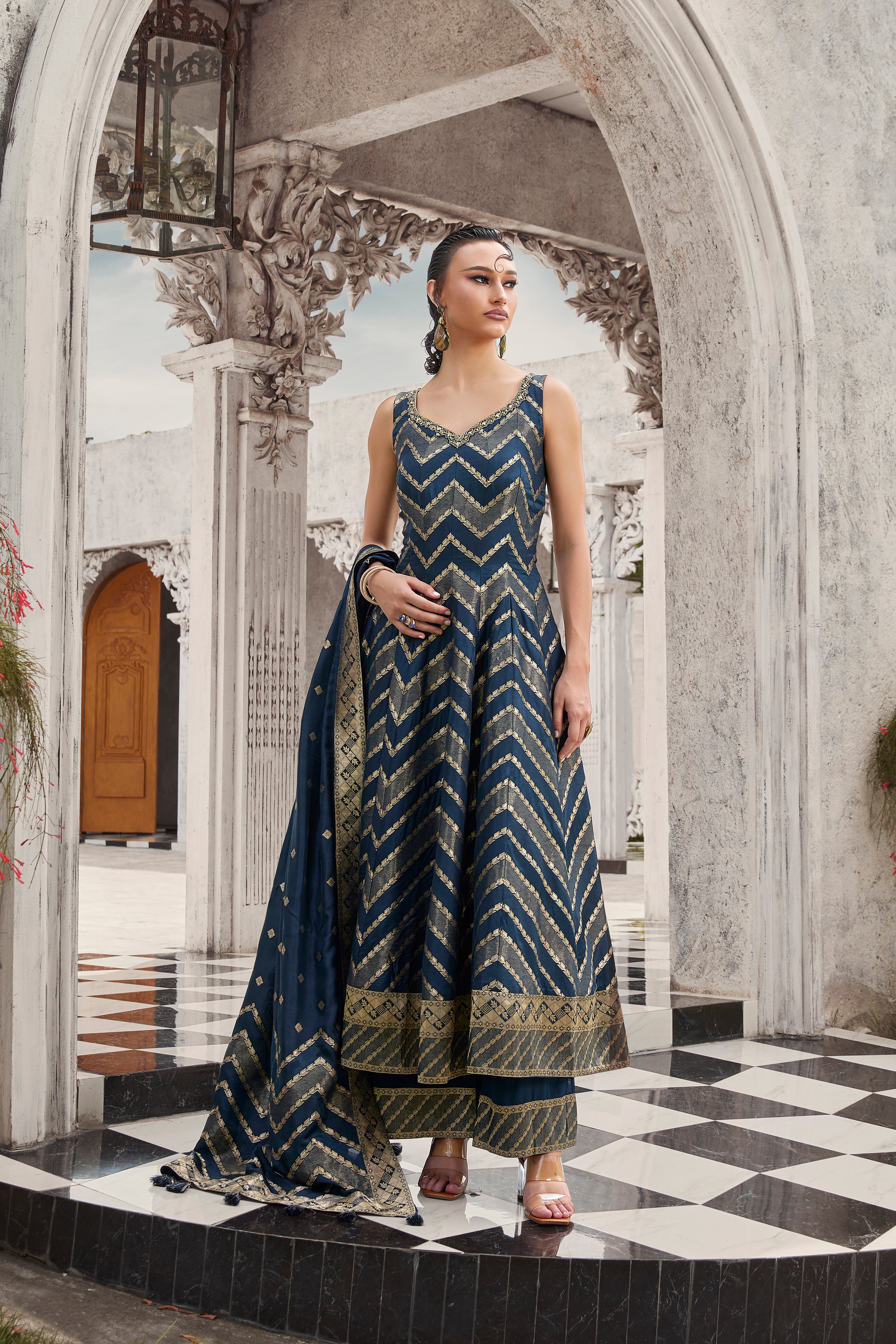 Blue Majestic Multicolored Panel Anarkali Suit with Rich Gold Work (ESHA M-24) Main image