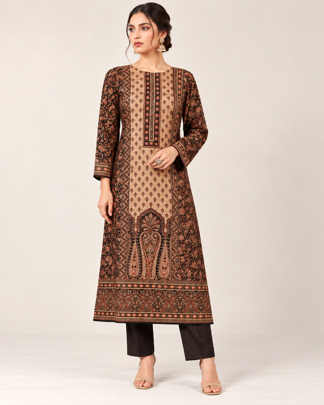 Elegant Brown Paisley Printed Kurta Pant Set