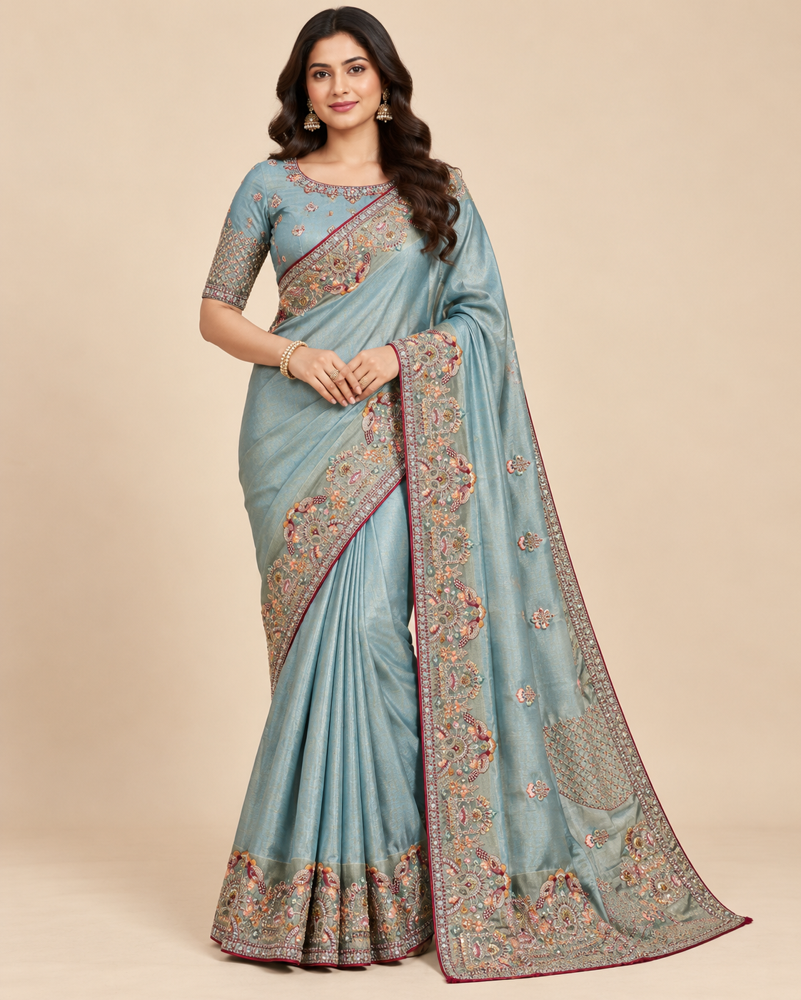 Aqua Blue Embroidered Silk-Style Saree with Intricate Floral Border Main image